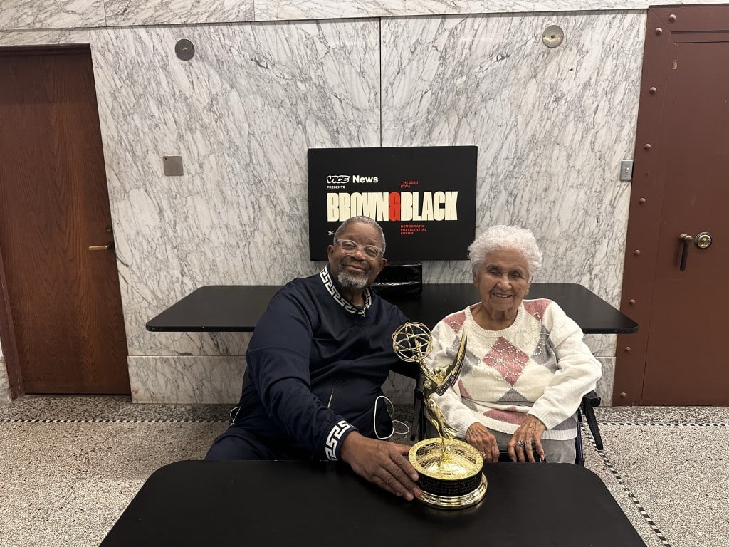 Co-founders Wayne Ford and Mary Campos, of the Brown and Black Forums of America. Vice News won an Emmy in 2021 for “Outstanding Graphic Design and Art Direction” for its work at the 2020 Brown and Black Presidential Forum. Photo by Black Iowa News.